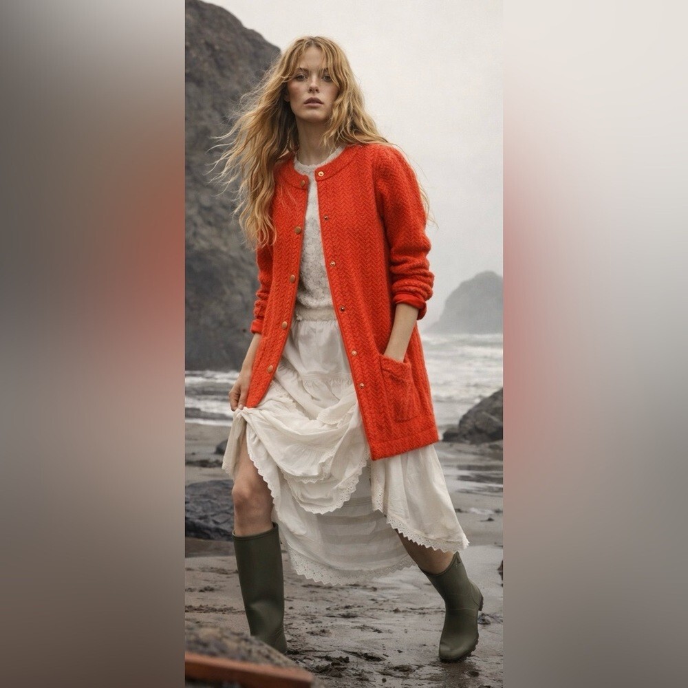 Anthro Tabitha Field Guide Sweater Coat Red Orange Herringbone Wool Size XS - Or
